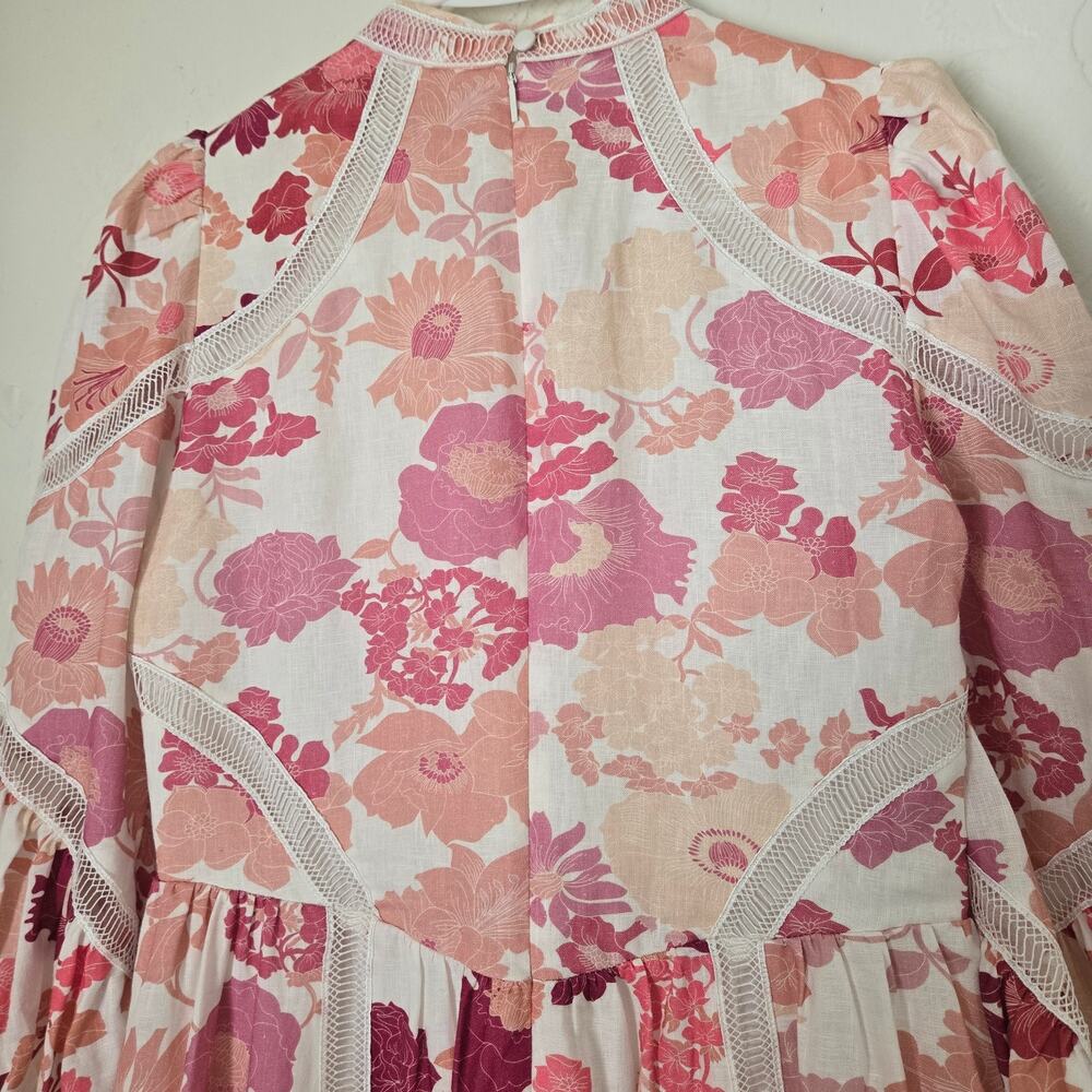 Ted Baker Denissa Linen Floral Midi Dress Pink Lace Cut Out Bishop Sleeve US 6 - Picture 6 of 15